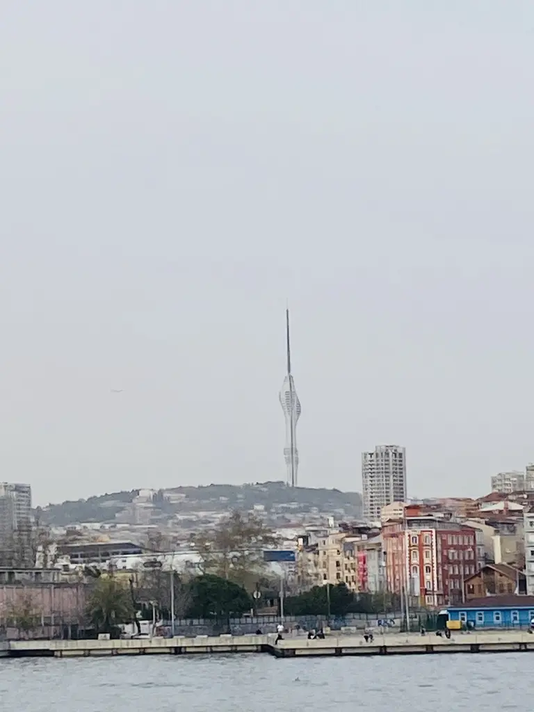 Kadıköy kıyısından Çamlıca Kulesi; önde sahil yolu ve binalar, gri gökyüzünde uzakta kulenin silueti.