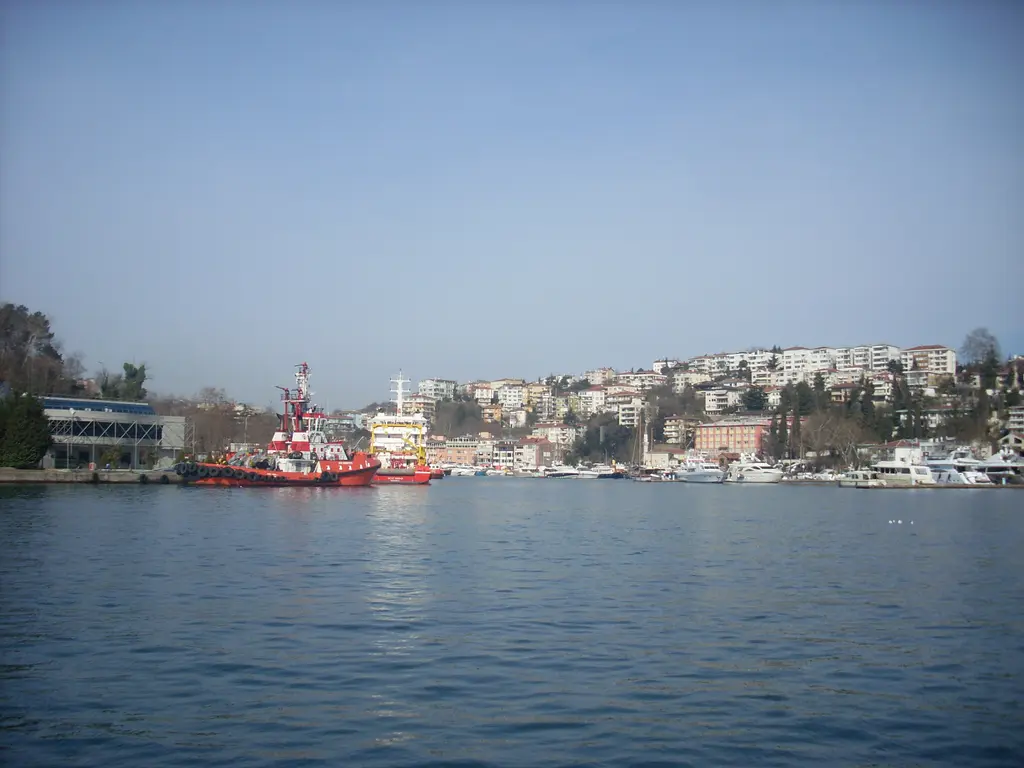 Denizden İstinye Koyu; iskele yakınında kırmızı beyaz römorkör, kıyıdaki binalar ve yamaçta konutlar.
