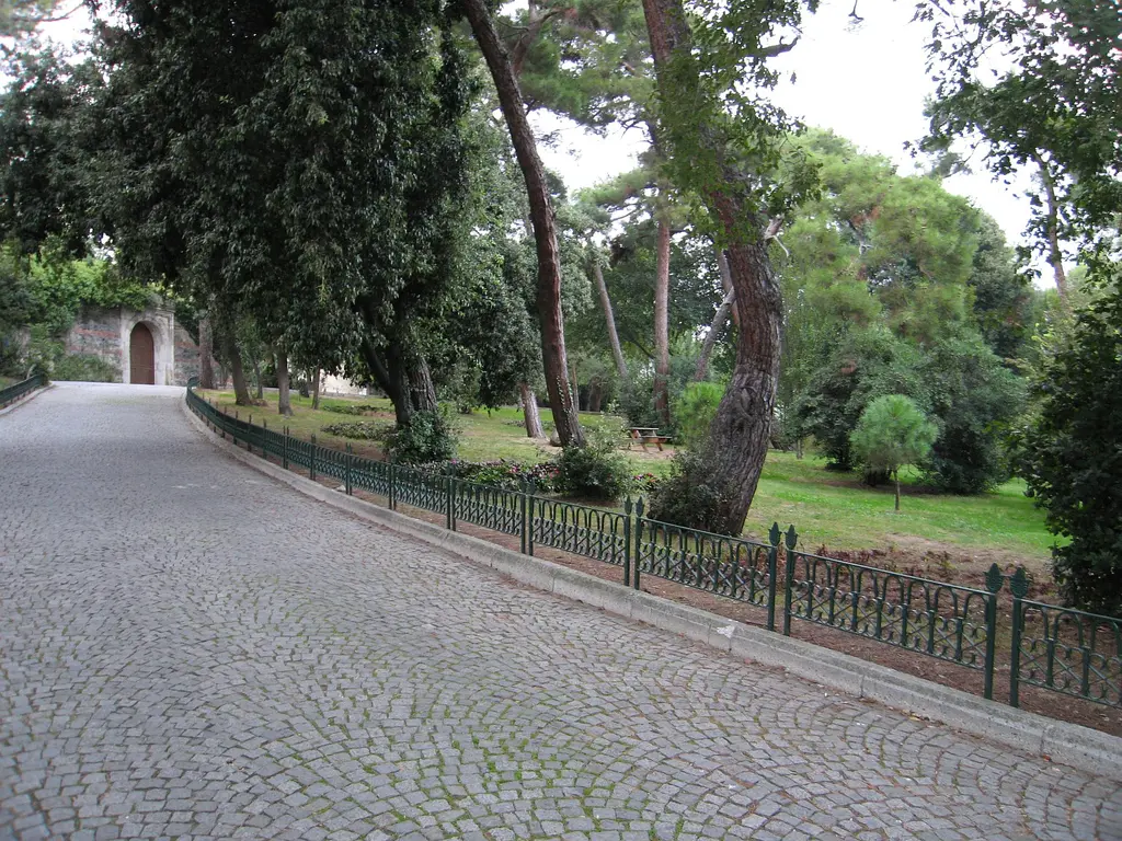 Yıldız Parkı'nda bir koru yolu; parke taşı kaplı kıvrımlı yol, kenarında alçak demir parmaklık ve iki yanda yüksek ağaçlar.