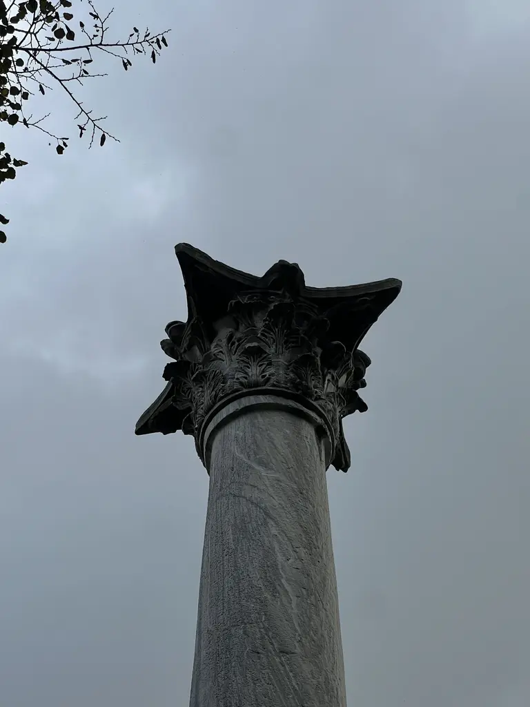 Bulutlu bir günde Gotlar Sütunu'nun başlığı; koyu gölgeli akantus yaprakları, köşeleri çıkıntılı abaküs ve gri gök.