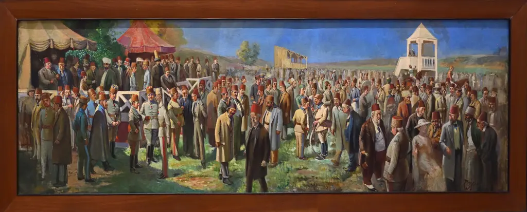 Cemil Cem'in Veliefendi Çayırı tablosu; geniş bir çayırda toplanmış kalabalık, şemsiyeler, çadırlar ve uzakta beyaz yapılar.