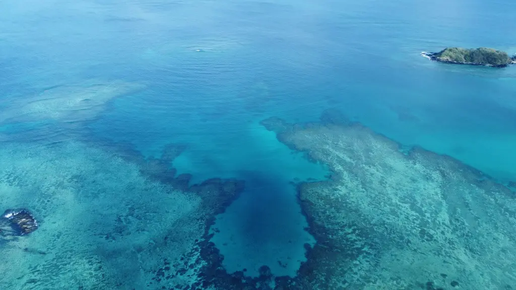 Fiji'de havadan turkuaz bir mercan denizi; sığ sularda beliren resif desenleri ve ufukta yeşil kayalık adacıklar.