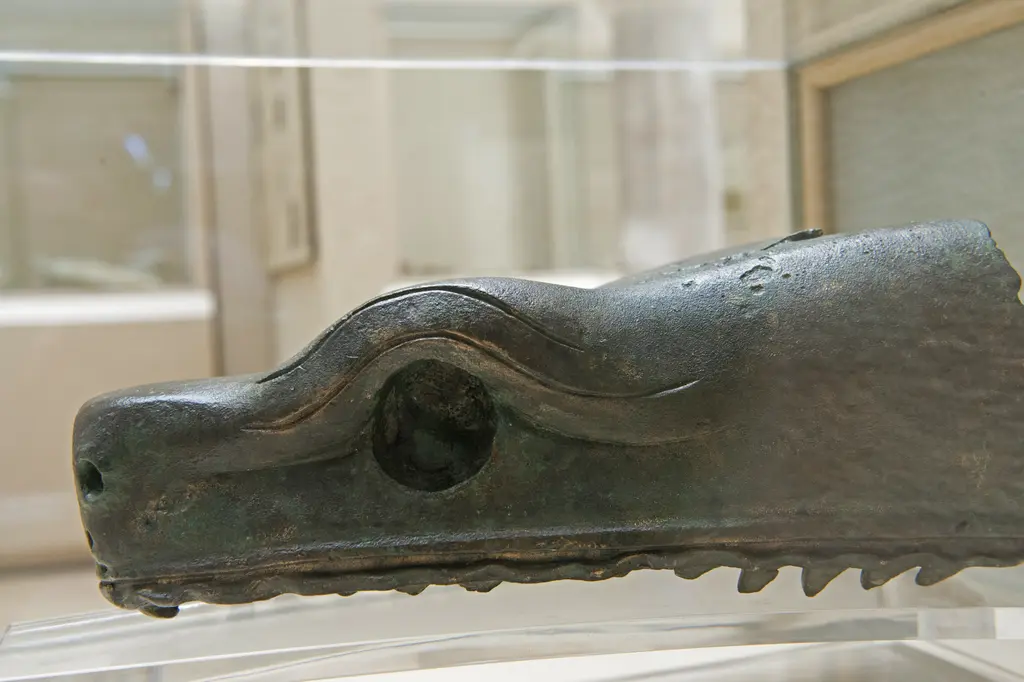 İstanbul Arkeoloji Müzeleri'nde vitrinde Yılanlı Sütun'un tunç yılan başı; oyulmuş göz, üçgen dişler ve yeşil patina.