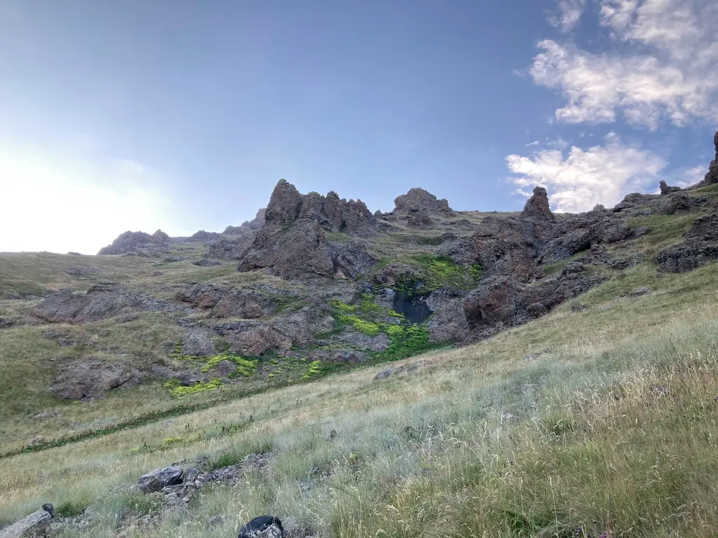 Aragats Dağı'nın yamacında rüzgârla dalgalanan yüksek dağ çayırı; çayırın arasından çıkan kızıl-gri volkanik kaya çıkıntıları, aralarında parlak yeşil bitki örtüsü ve tepede açık gökyüzü.