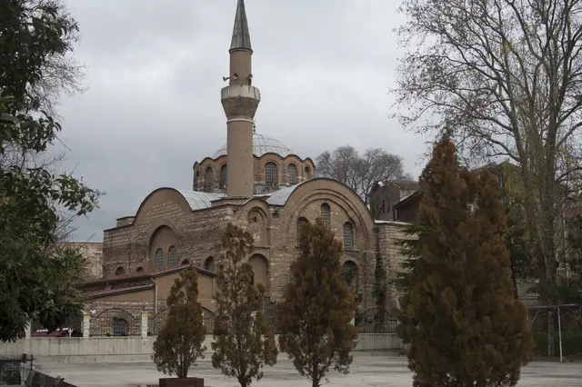 Vezneciler'de Kalenderhane Camii; tuğla ve taş örgülü gövde, dilimli kasnaklı kurşun kubbe, ince tuğla minare ve önde sıralanan serviler.