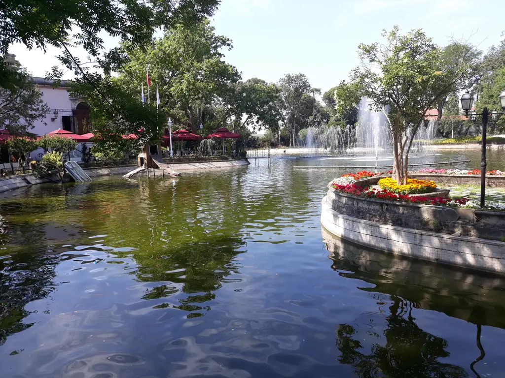 Yıldız Parkı'nda bir gölet; durgun su, ortada fıskiye, çiçek dolu yuvarlak taş havuz ve arkada ağaçlar arasında bir yapı.