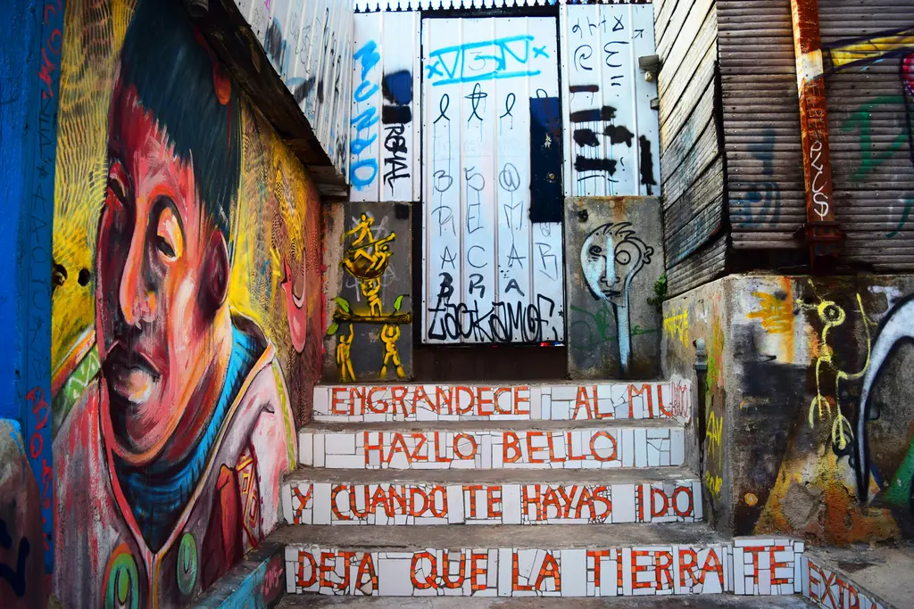 Valparaíso'da sokak sanatı; kepenkleri ve oluklu sac kapıları kaplayan dev bir yüz resmi ile İspanyolca yazılar.