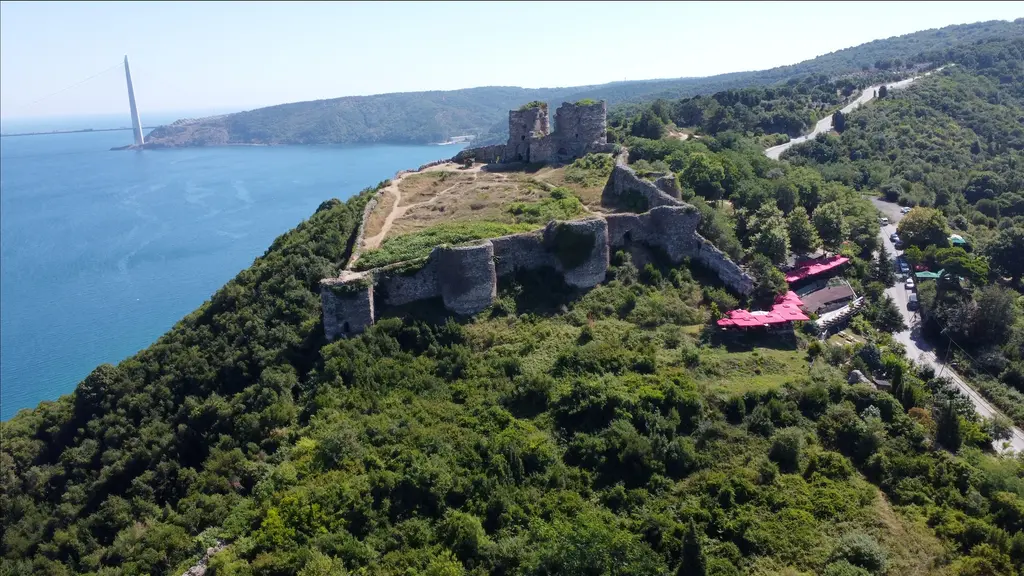 Havadan Yoros Kalesi; yeşil tepe üzerinde surlar, aşağıda Boğaz ve Karadeniz'e uzanan kıyılar.