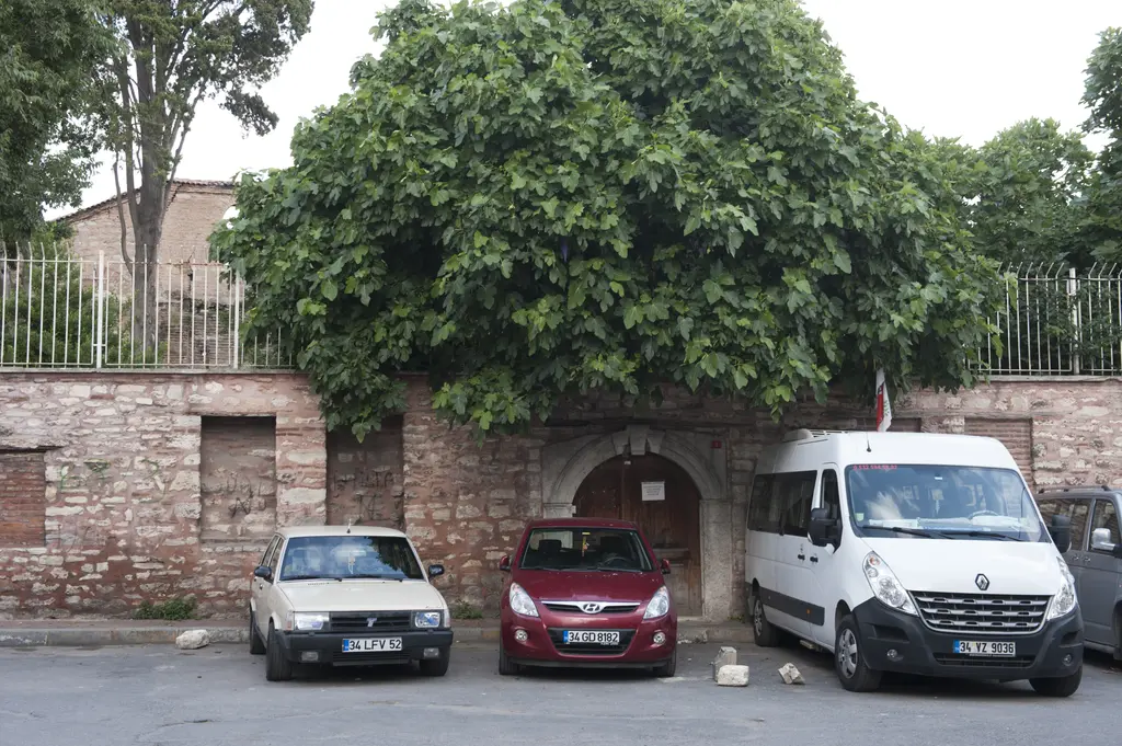 İmrahor İlyas Bey Camii'nin avlu kapısı; kesme taş kemerli taç kapı, kahverengi ahşap kanat, üstte demir parmaklık, önünde iri çınar ve park etmiş araçlar.