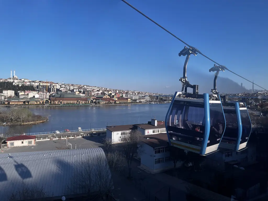 Pierre Loti teleferiği; halata asılı iki kabin, aşağıda alt istasyonun çatısı, kıyı yolu, Haliç ve karşı kıyıdaki kent.