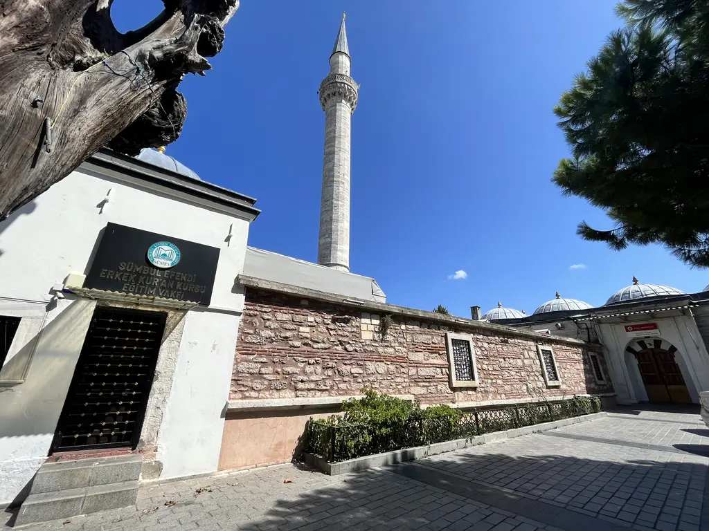 Koca Mustafa Paşa Camii avlusundan minareye bakış; solda kurumuş ağacın kalın gövdesi, ortada tuğla ve taşın almaşık örülü duvarı, sağda son cemaat yerinin kurşun kubbeleri.