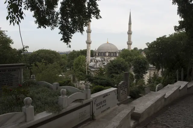 Eyüp Mezarlığı'ndan Eyüp Sultan Camii; yamaçtaki kabirler, mermer mezar taşları, ağaçların arasında kubbe ve iki minare.