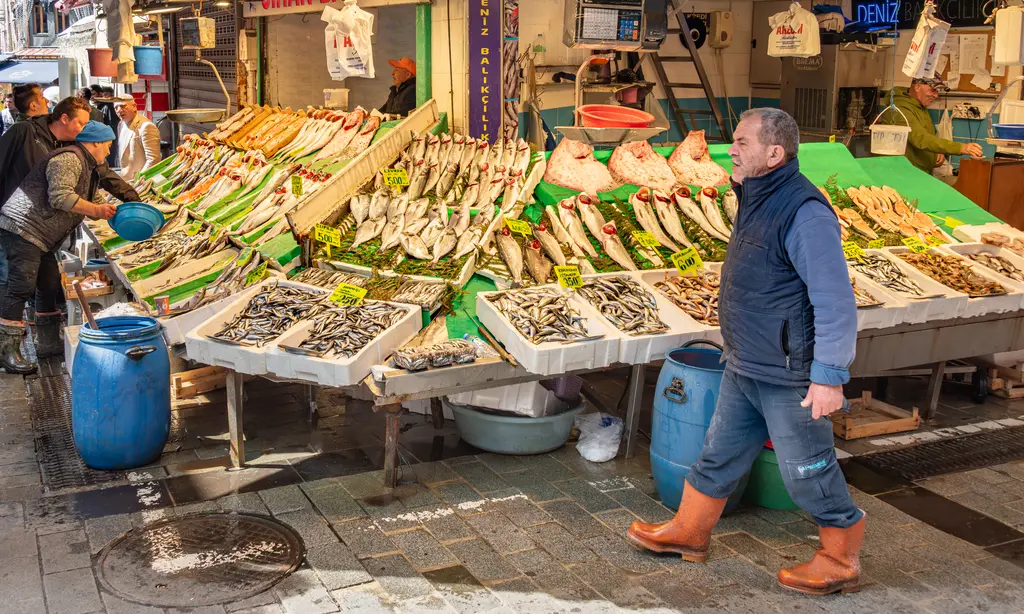 Kadıköy Çarşısı'nda balıkçı tezgâhı; buz üstünde dizili balıklar, mavi bidonlar, çizmeli bir balıkçı ve arkada dükkânlar.