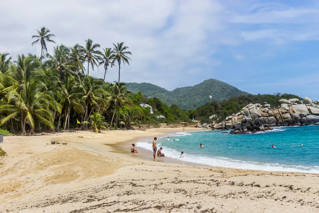 Tayrona Ulusal Parkı'nda kıyı; palmiyelerle kaplı beyaz kumsal, iri granit kayalar ve turkuaz Karayip suyu.