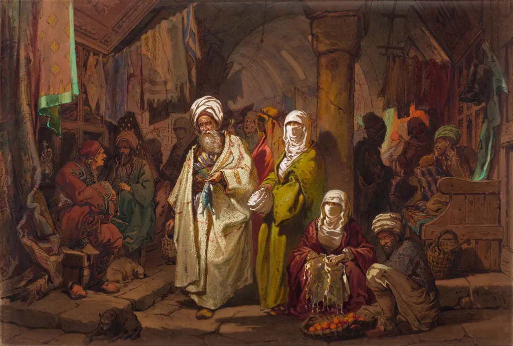 Amadeo Preziosi'nin Kapalıçarşı tablosu; loş bir çarşı içinde oturan satıcılar, çarşaflı kadınlar ve kalabalık.
