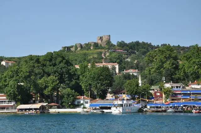 Anadolu Kavağı'nda Boğaz'dan köy; kıyıda mavi tenteli lokantalar ve tekneler, ağaçlı yamaçta evler ve tepede Yoros Kalesi.