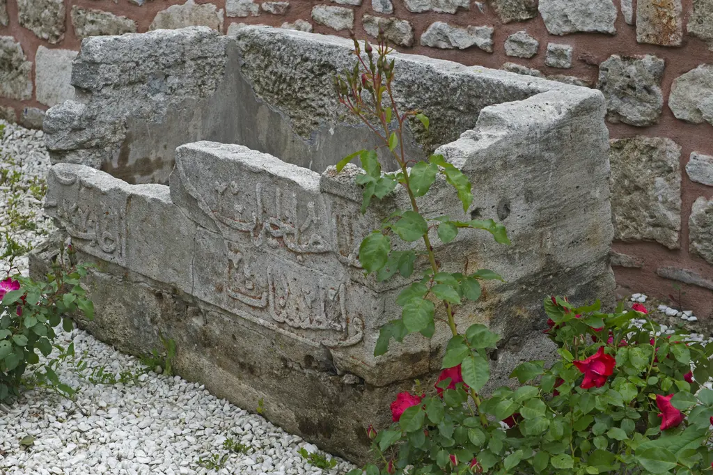 Şemsi Paşa Külliyesi'nde yazılı taş parça; kenarına Arapça harfler kazılmış kırık mermer tekne ve güller.