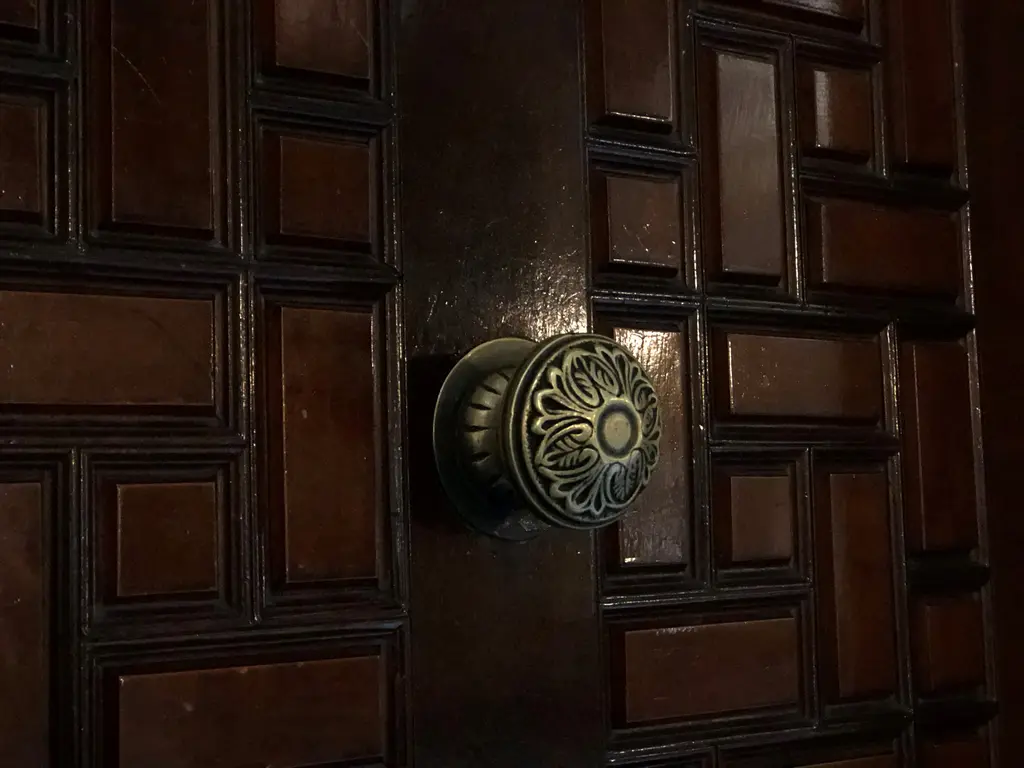 Şişli Camii'nin ahşap kapısı; geometrik çakma panolu koyu kanat ve ortada pirinç, kabartma desenli yuvarlak tokmak.