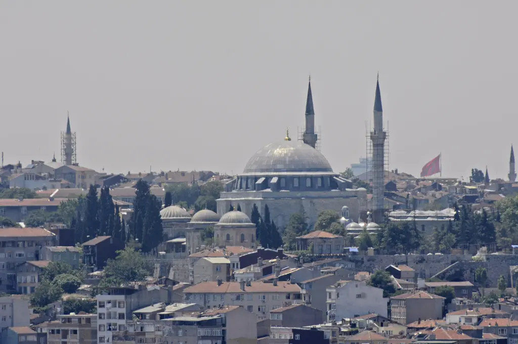 Haliç'in karşı kıyısından beşinci tepe; Fener ile Balat'ın çatıları üstünde caminin kubbesi ile iki minaresi, uzakta başka minareler.