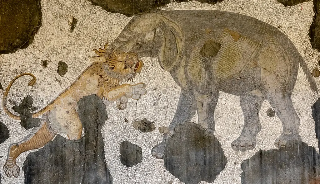Mozaikte gri bir fil; hortumunu bir aslanın gövdesine dolamış, aslan pençeleriyle file saldırıyor.