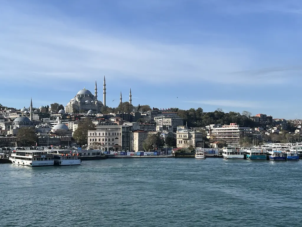 Haliç'ten Eminönü kıyısı; rıhtıma bağlı vapurlar ve tekneler, kıyıdaki binalar ve tepede Süleymaniye Camii.