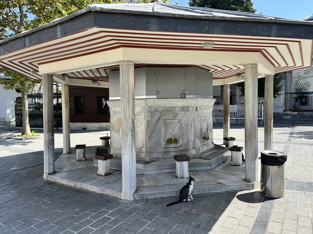 Koca Mustafa Paşa Camii'nin şadırvanı; sekizgen mermer gövde, kemerli musluk nişleri, önünde demir ızgaralı ayak yıkama yerleri, üstte kırmızı beyaz şeritli geniş saçaklı ahşap çatı.