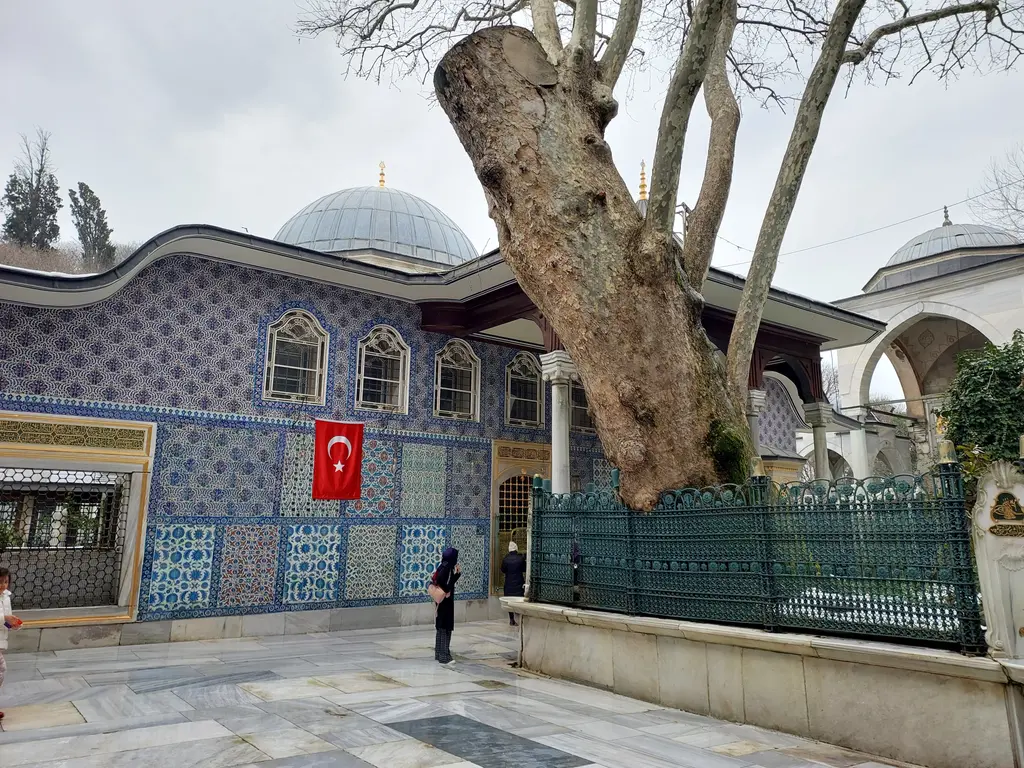 Eyüp Sultan Türbesi'nin önü; çini kaplı uzun duvar, yaşlı çınar, yeşil parmaklık ve arkada kubbeler.
