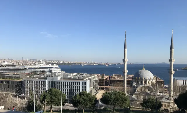 Cihangir'den Galataport; önde Nusretiye Camii'nin kubbesi ve iki minaresi, solda müze binası ve yanaşmış kruvaziyer gemisi, arkada Boğaz ve Anadolu yakası.
