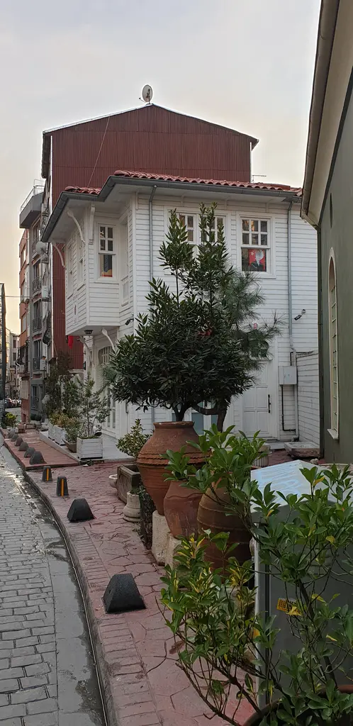 Çukurcuma'da bir sokakta beyaz ahşap ev; kırmızı çatı, önünde küçük ağaç ve taş döşeli yokuş.