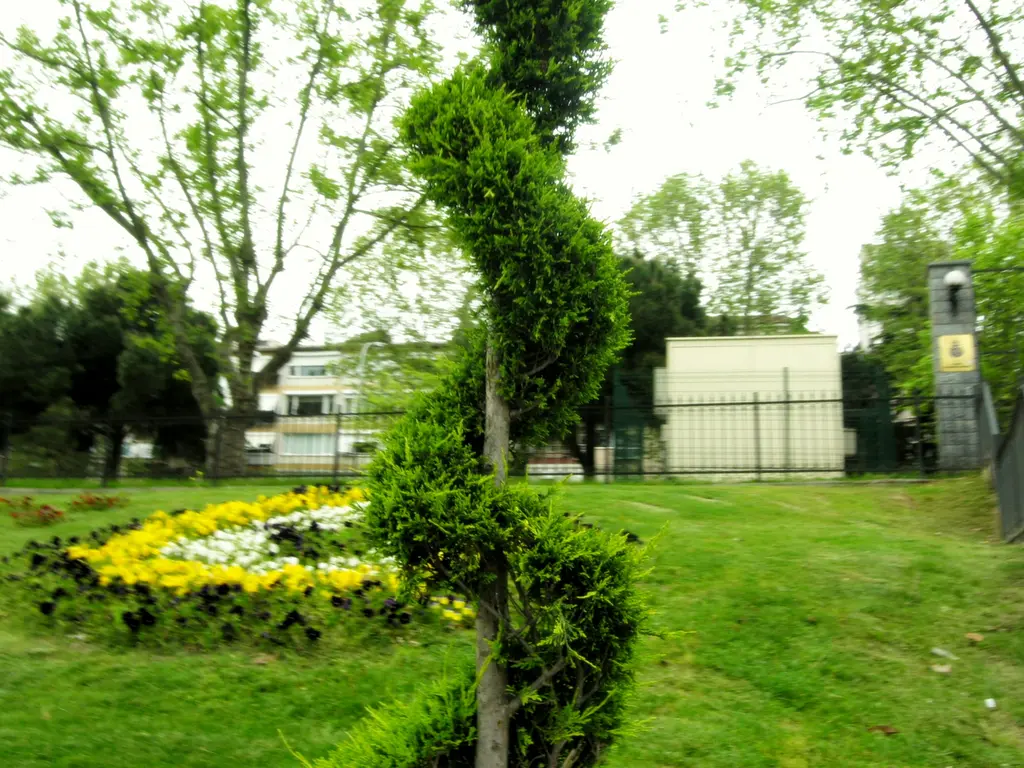 Göztepe Parkı'nda budanmış bitki; sarmal biçimde şekillendirilmiş yeşil gövde, arkada sarı beyaz çiçek tarhı.