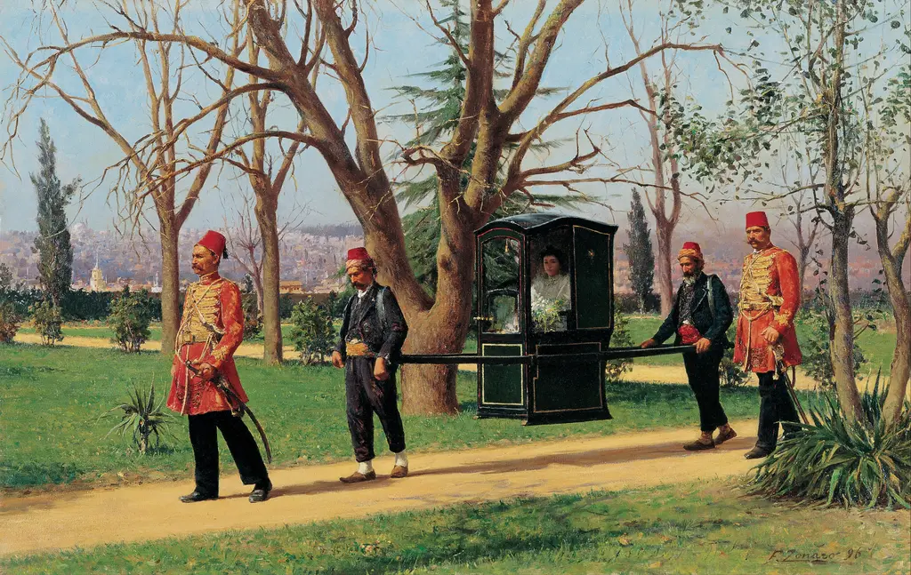 Fausto Zonaro'nun tablosu; çıplak ağaçlı bir bahçe yolunda fesli taşıyıcıların taşıdığı siyah tahtırevan ve yanında yürüyen görevliler.
