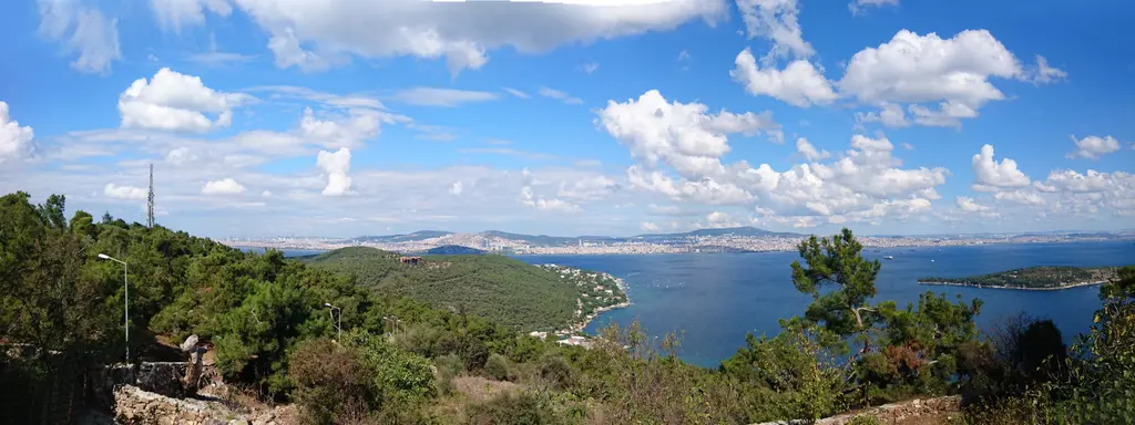 Büyükada'dan panorama; ön planda çam ormanı, aşağıda kıyı, arkada Heybeliada, Marmara ve İstanbul siluetleri.