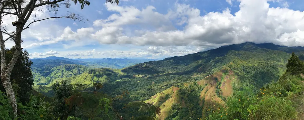 Papua Yeni Gine'nin yüksek yaylalarında geniş bir panorama; yeşil vadiler, ormanla kaplı sırtlar ve bulutların örttüğü dağlar.