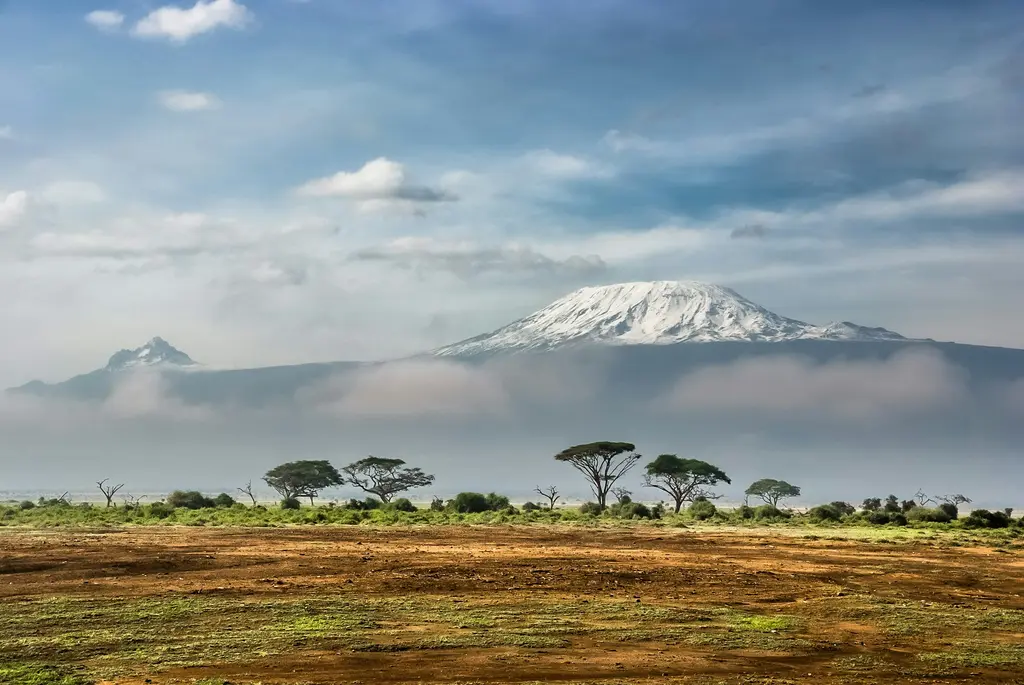Karlı zirvesi bulutların üstünde yükselen Kilimanjaro Dağı; önde savan düzlüğü, şemsiye biçimli akasya ağaçları ve kızıl toprak.