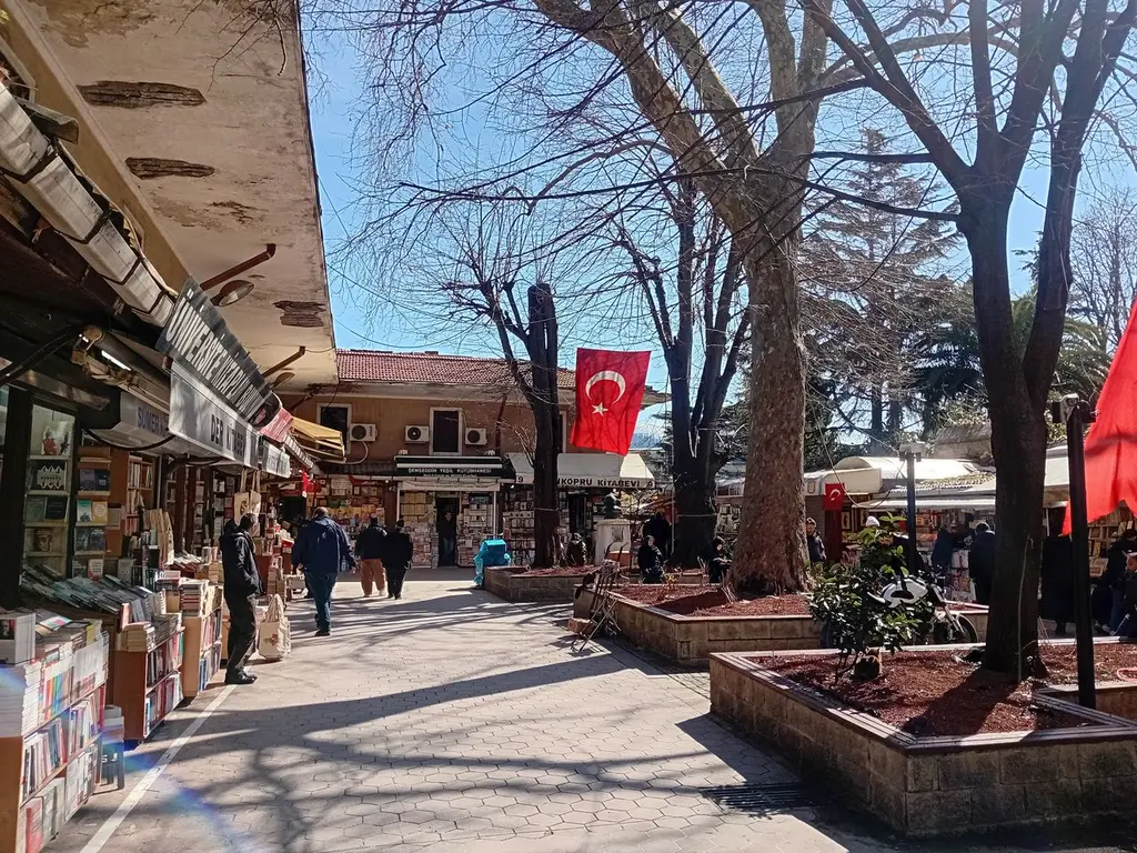 Sahaflar Çarşısı kışın; yapraksız çınar dalları, açık mavi gökyüzü, kırmızı bayrak, kiremit rengi beton saksılar, iki yanda kepenkleri açık dükkân sıraları ve avluda birkaç kişi.