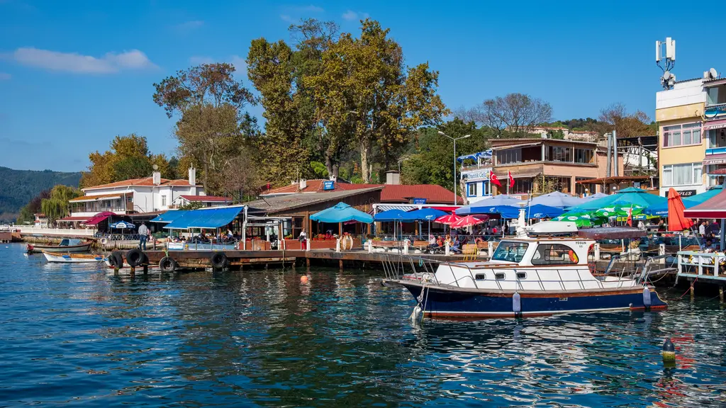 Anadolu Kavağı'nda deniz kıyısındaki lokantalar; mavi, kırmızı ve yeşil tenteler, iskelede beyaz bir tekne ve ağaçlar.