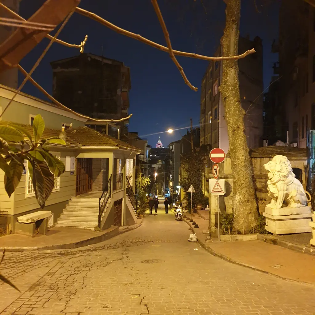 Gece Çukurcuma Caddesi; sarı sokak lambalarıyla aydınlanan yokuş, ahşap evler ve bir aslan heykeli.