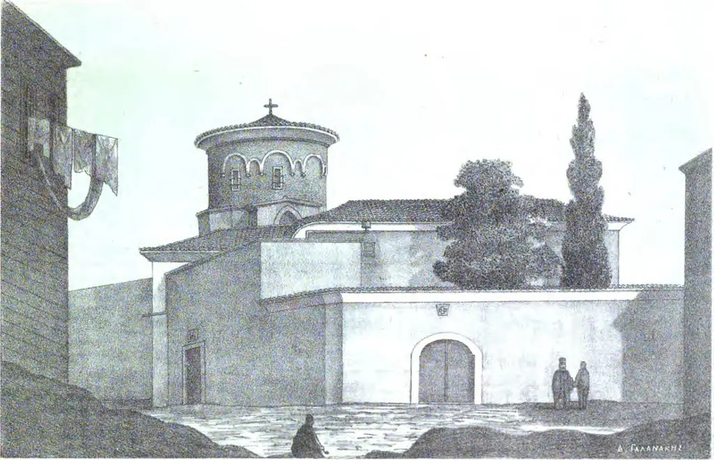 Kanlı Kilise'nin siyah beyaz gravürü; kubbeli kilise, önünde kemerli kapılı beyaz avlu duvarı, yanında servi ağacı ve kapının önünde iki insan.