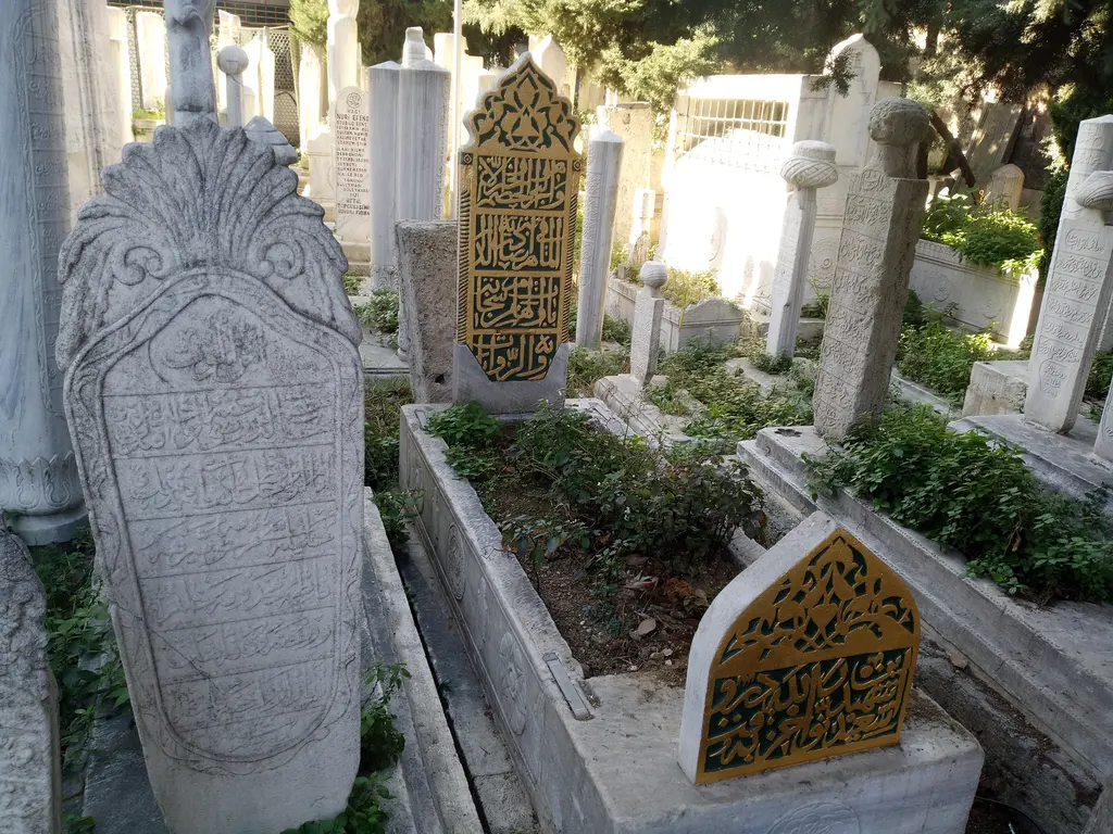 Eyüp Sultan Türbesi haziresinde Ali Kuşçu'nun kabri; oymalı baş taşı, yaldızlı yazılı ayak taşı ve çevresindeki kabirler.