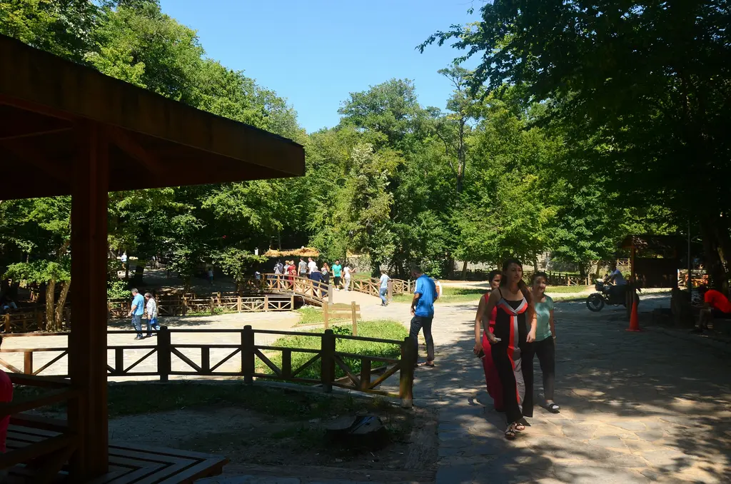 Belgrad Ormanı'nda Neşet Suyu piknik alanı; ağaçların altında ahşap masalar, çardaklar ve yürüyen insanlar.