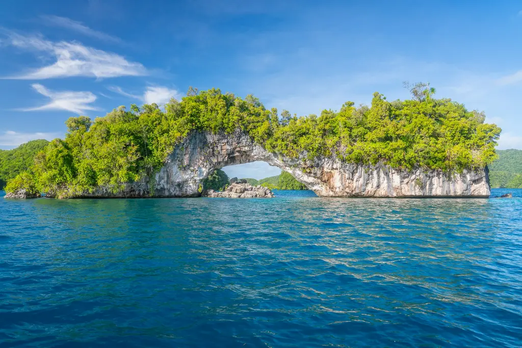 Palau'nun Kaya Adaları'nın havadan görünümü; ormanla kaplı yeşil adalar ve aralarındaki sığ turkuaz lagün, koyu lacivert denizle çevrili.