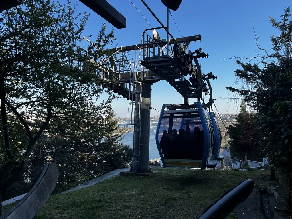 Pierre Loti teleferiğinin üst istasyonu; ağaçlar arasında çelik direk, halata asılı kabin, çimenler ve arkada Haliç.
