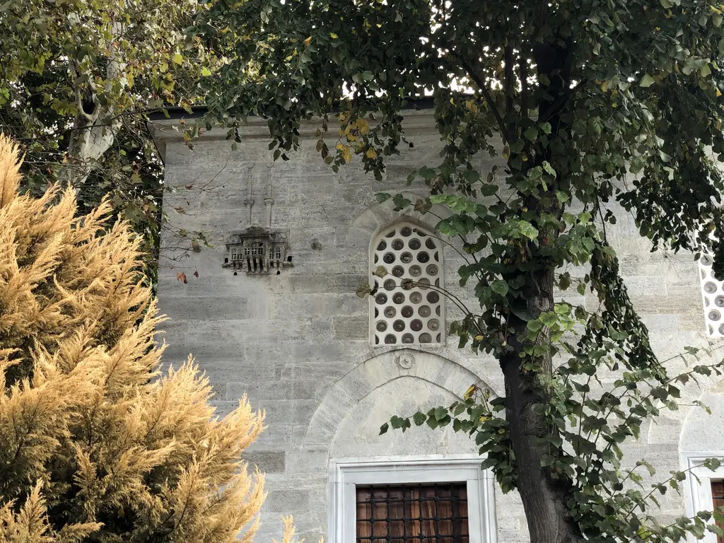 Yeni Valide Camii'nde kuş evi; taş duvara oyulmuş küçük köşk biçimli yuva, şebekeli pencere ve sarı yapraklar.