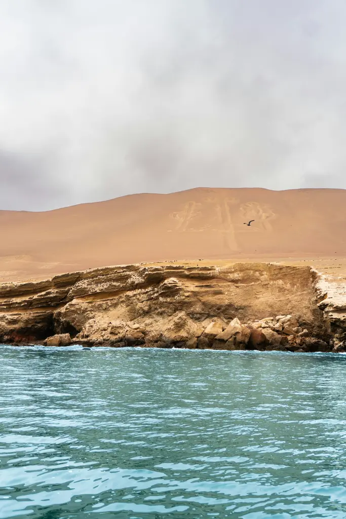 Paracas'ta kıyı; çölün okyanusa indiği kayalık sahil, turkuaz su ve deniz kuşları.