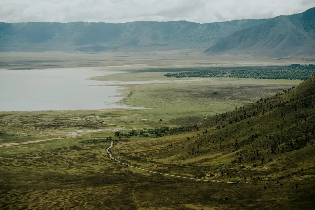 Tanzanya'da Ngorongoro Krateri'nin yüksekten görünümü; krater tabanındaki soda gölü, geniş çayırlar ve dik krater duvarları.