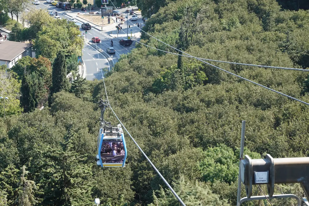 Eyüp-Piyer Loti teleferiği; yukarıdan bakışla ağaçlarla kaplı yamacın üzerinden geçen mavi kabin, halatlar ve aşağıda kıyı yolu.