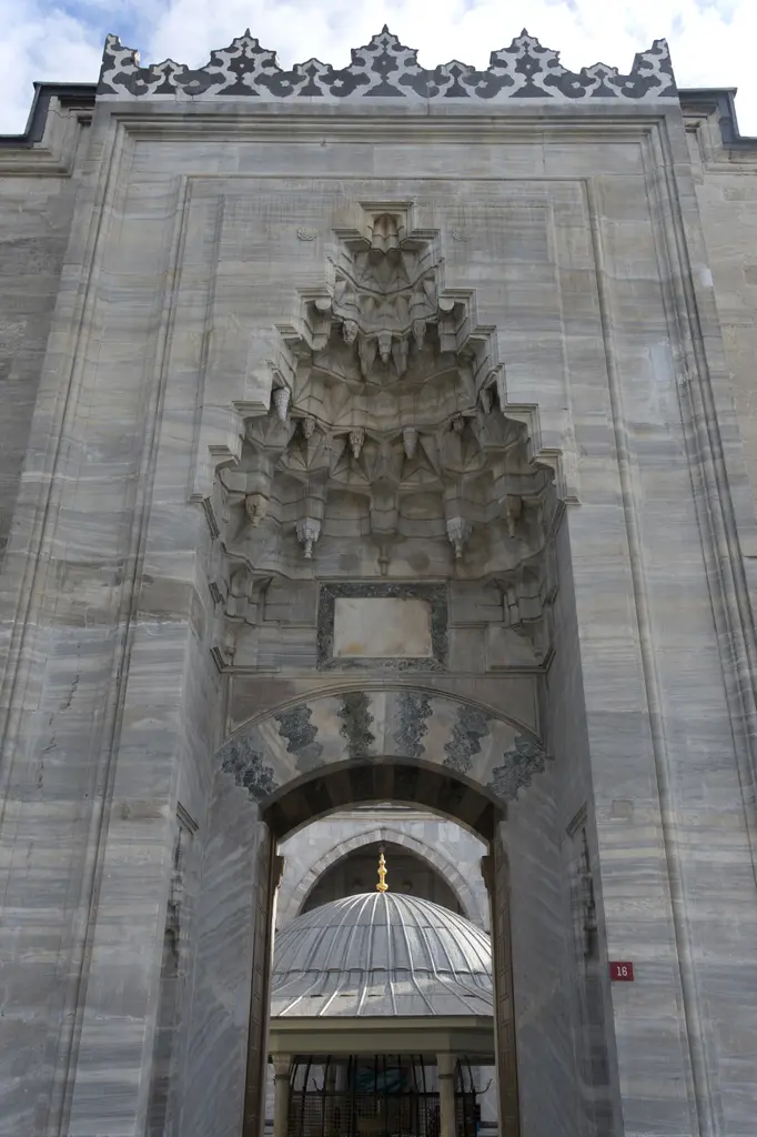 Yavuz Sultan Selim Camii'nin taç kapısı; sarkıtlı mukarnas kavsara, sivri kemerli açıklık ve kapı boşluğundan görünen avlu zemini.