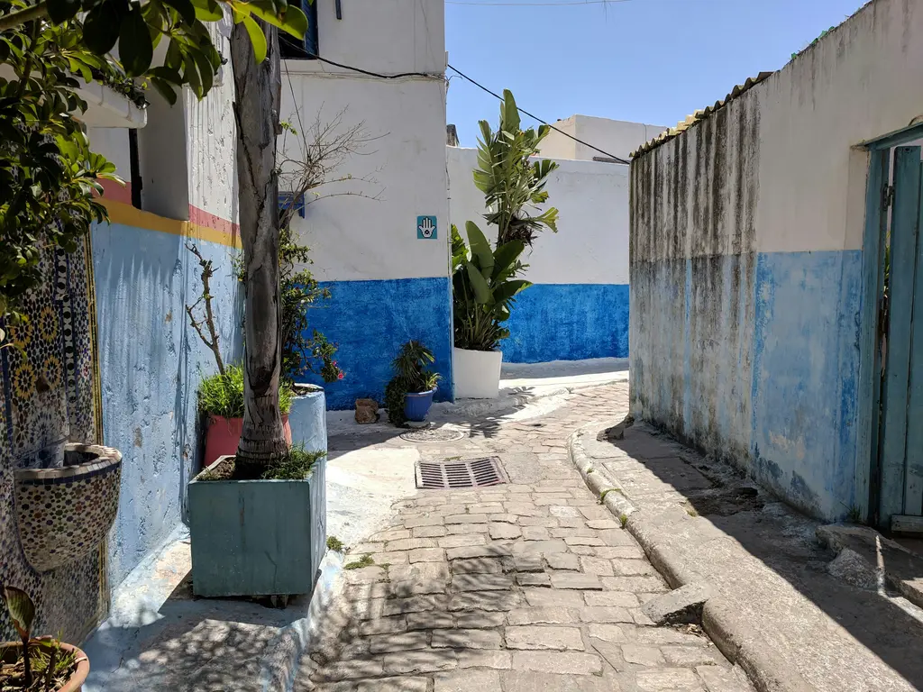 Rabat'ta Udaya Kasbası; okyanusa bakan surlar, içindeki mavi-beyaz sokaklar ve kemerli kapı.