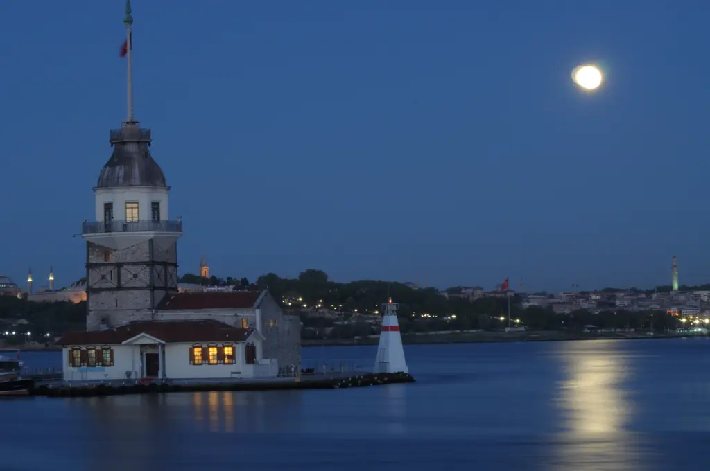 Gece Kız Kulesi; mavi saatte ışıklı kule, kırmızı çatılı yapılar, suya yansıyan ay ışığı ve gökyüzünde dolunay.