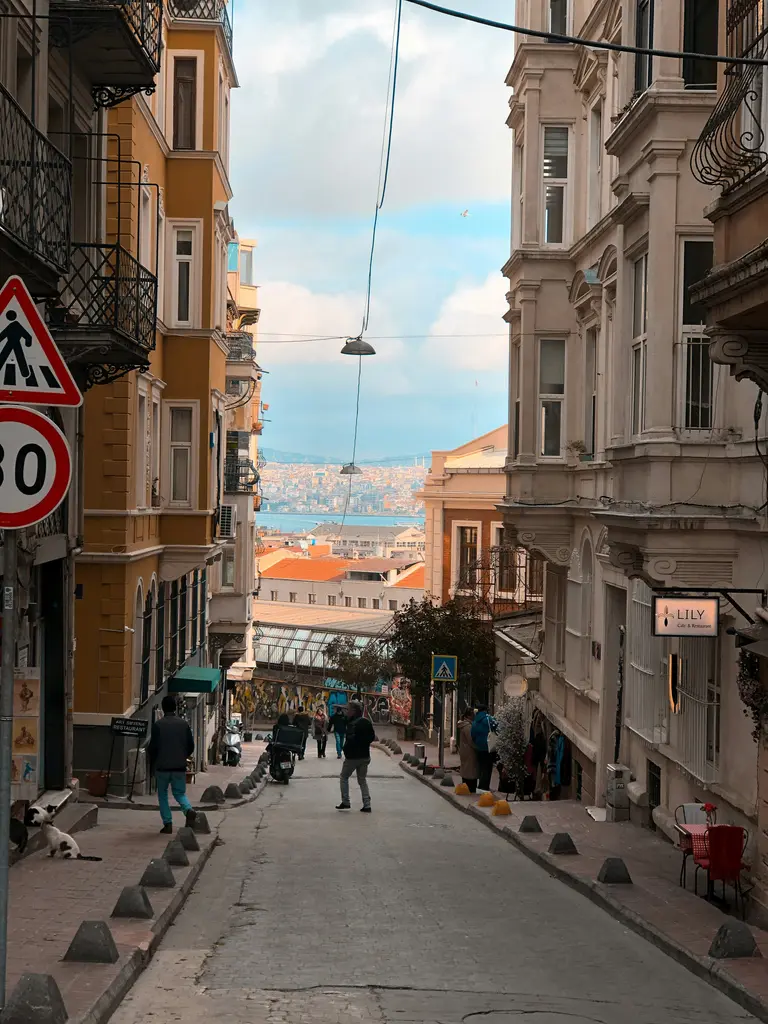 Beyoğlu'nda Boğaz'a doğru inen bir cadde; iki yanda eski apartmanlar, trafik levhaları ve sokağın ucunda beliren deniz ile karşı kıyı.